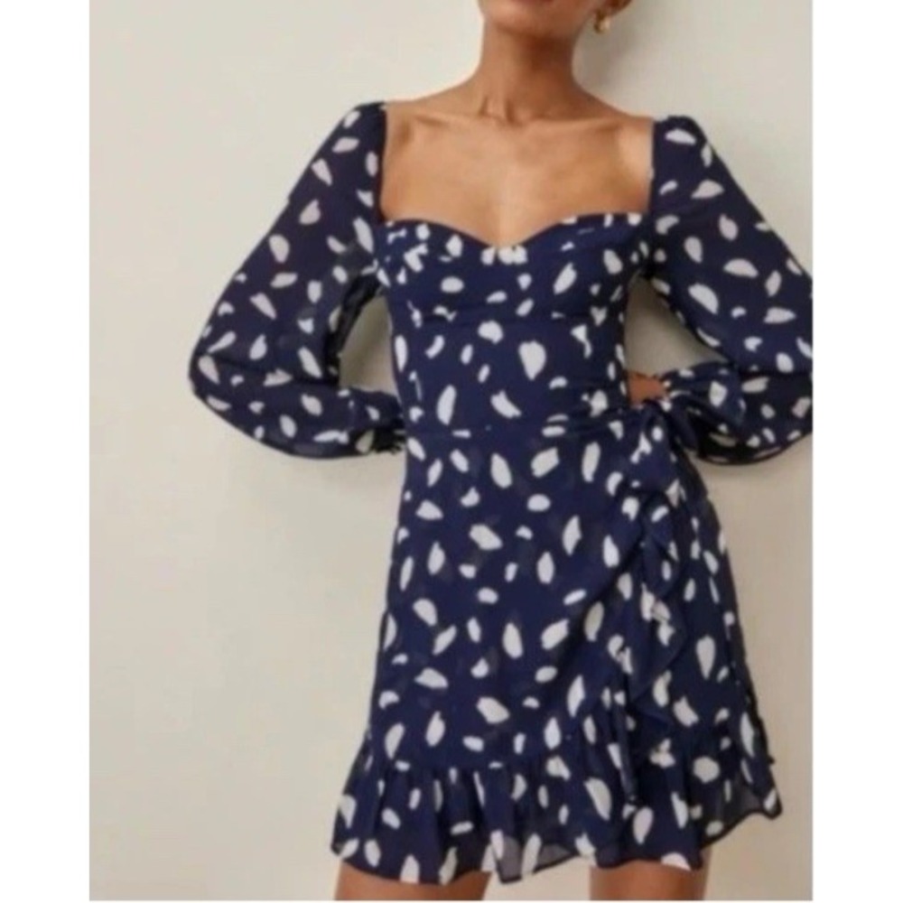 Reformation Cammie Navy Blue White Print Long Sleeve Mini Dress Size 6